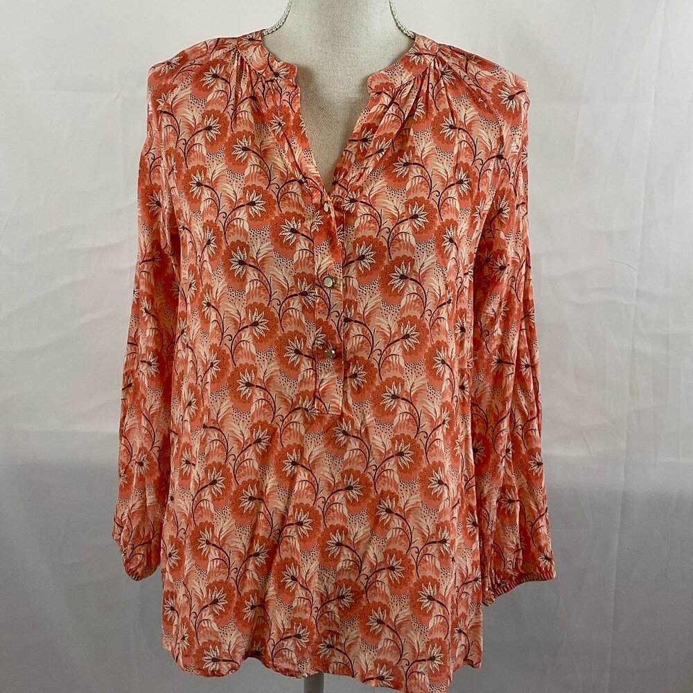 Spartina 449 Blouse M Coral Pink White Floral Half Button Long Sleeve Silk